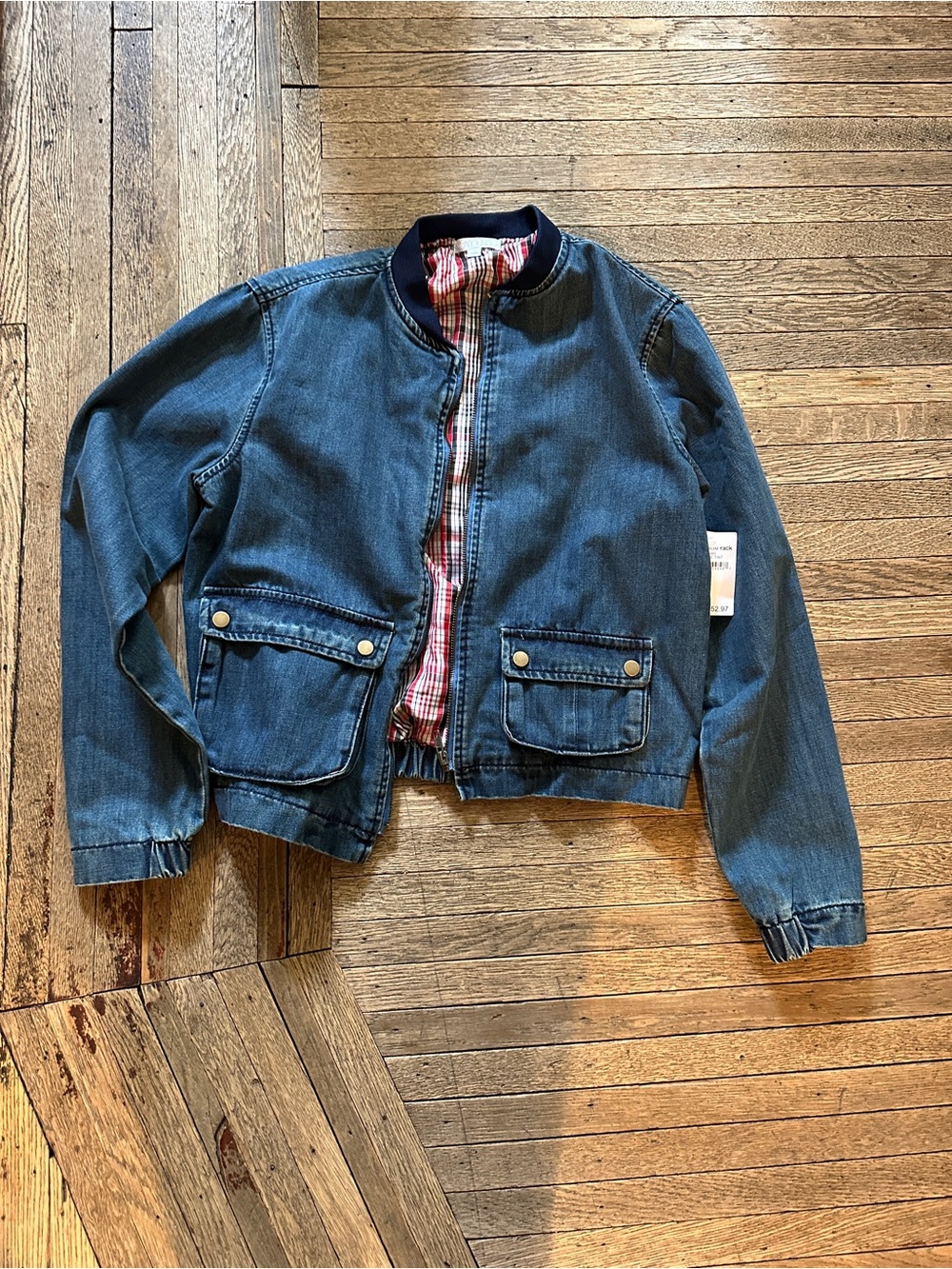 Abound Blue Denim Bomber Jacket with Red Plaid Lining